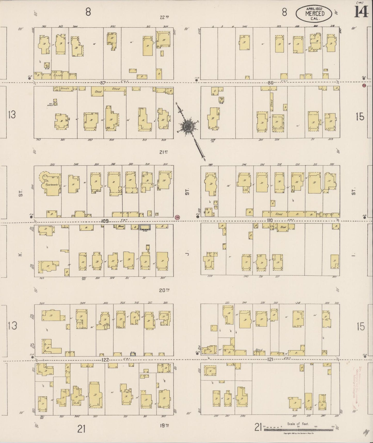 Sanborn Fire Insurance Map from Merced, Merced County, California (1922), Sheet #0014 - Historic Sanborn Fire Insurance Map Print, vintage old map wall art, antique decor, genealogy gift, California California map