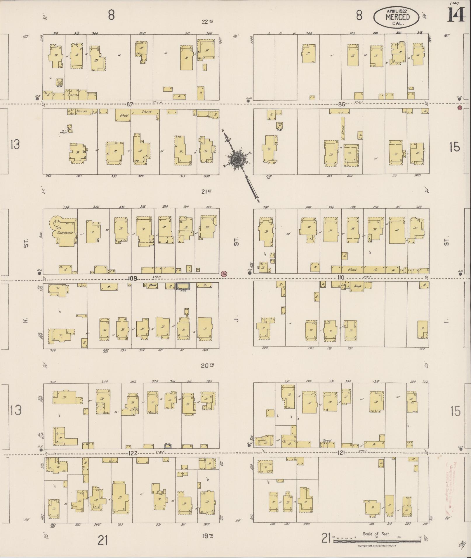 Sanborn Fire Insurance Map from Merced, Merced County, California (1922), Sheet #0014 - Historic Sanborn Fire Insurance Map Print, vintage old map wall art, antique decor, genealogy gift, California California map