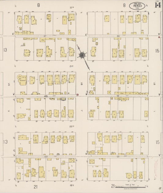 Sanborn Fire Insurance Map from Merced, Merced County, California (1922), Sheet #0014 - Historic Sanborn Fire Insurance Map Print, vintage old map wall art, antique decor, genealogy gift, California California map