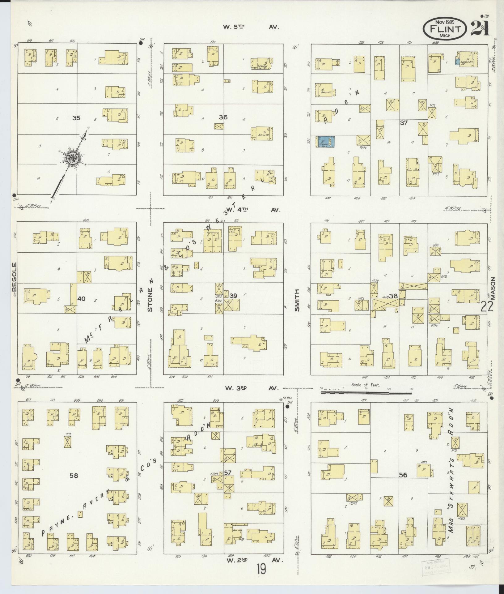 Sanborn Fire Insurance Map from Flint, Genesee County, Michigan (1909), Sheet #0021 - Historic Sanborn Fire Insurance Map Print, vintage old map wall art, antique decor, genealogy gift, Michigan Michigan map