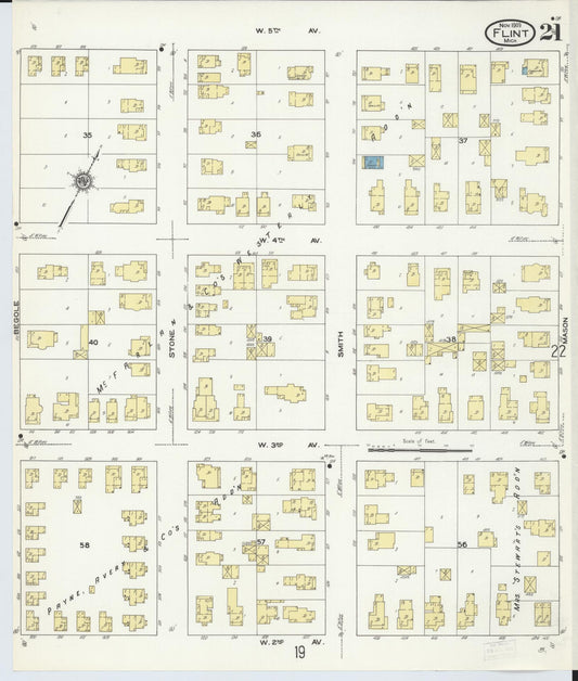 Sanborn Fire Insurance Map from Flint, Genesee County, Michigan (1909), Sheet #0021 - Historic Sanborn Fire Insurance Map Print, vintage old map wall art, antique decor, genealogy gift, Michigan Michigan map