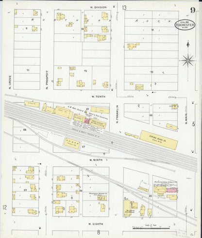 Sanborn Fire Insurance Map from Rochester, Olmsted County, Minnesota (1909), Sheet #0009 - Complete Map Set gallery image, historic Sanborn map, vintage wall art, Minnesota Minnesota