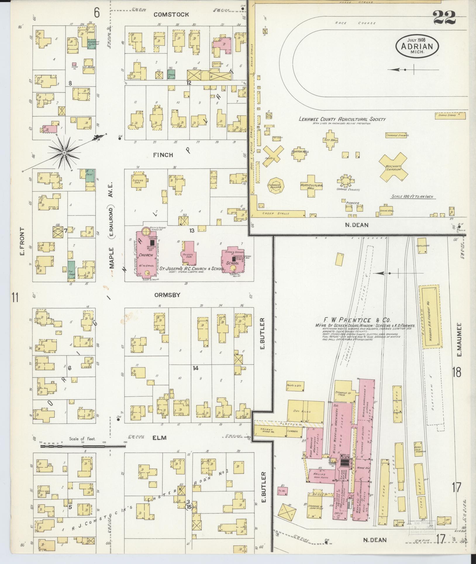 Sanborn Fire Insurance Map from Adrian, Lenawee County, Michigan (1908), Sheet #0022 - Complete Map Set gallery image, historic Sanborn map, vintage wall art, Michigan Michigan