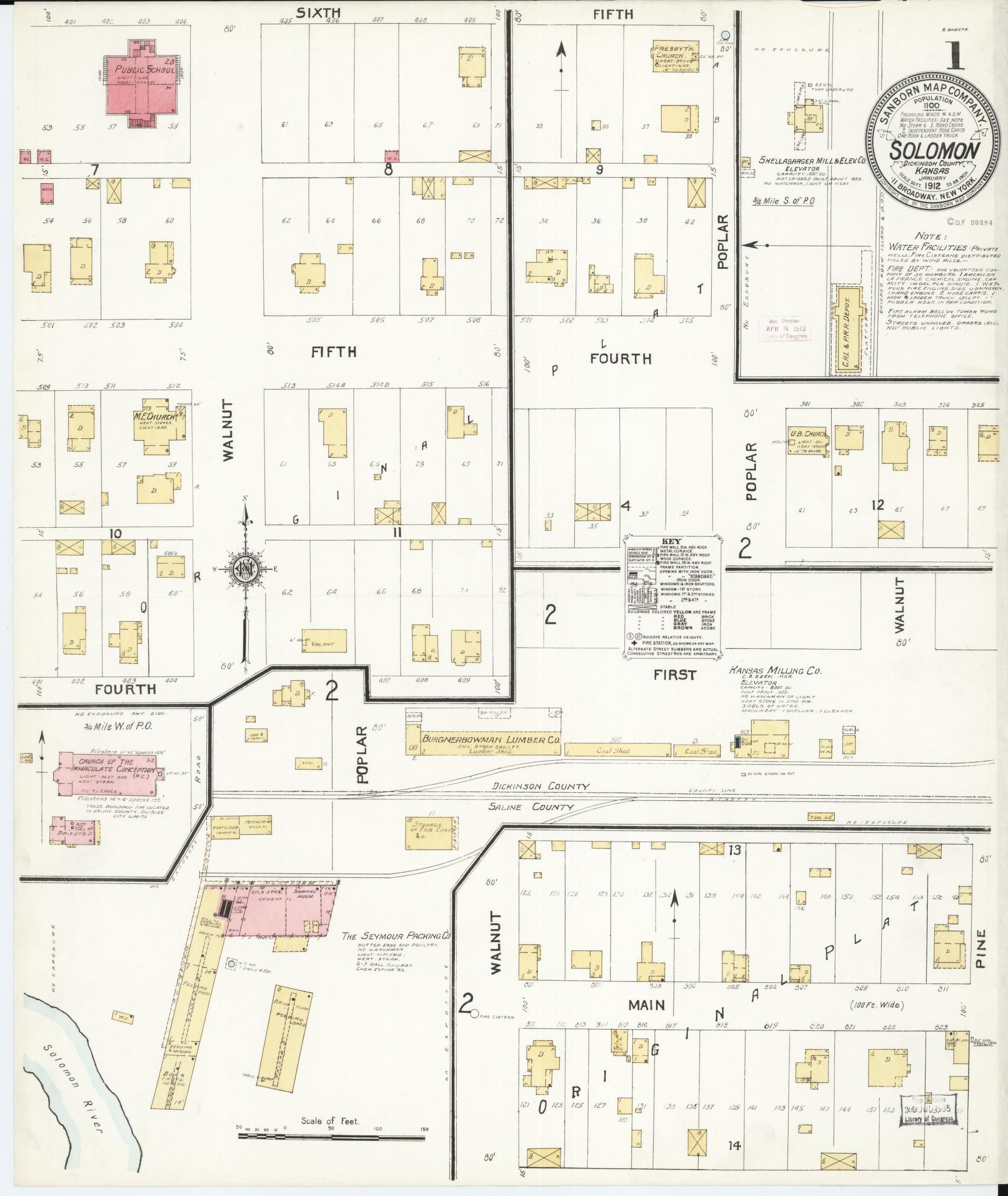 Sanborn Fire Insurance Map from Solomon, Dickinson County, Kansas (1912), Sheet #0001 - Historic Sanborn Fire Insurance Map Print, vintage old map wall art, antique decor, genealogy gift, Kansas Kansas map