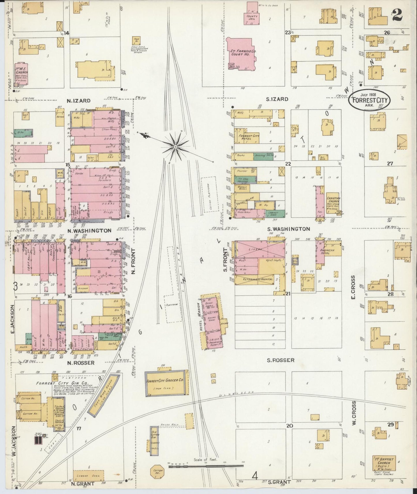 Sanborn Fire Insurance Map from Forrest City, Saint Francis County, Arkansas (1908), Sheet #0002 - Complete Map Set gallery image, historic Sanborn map, vintage wall art, Arkansas Arkansas