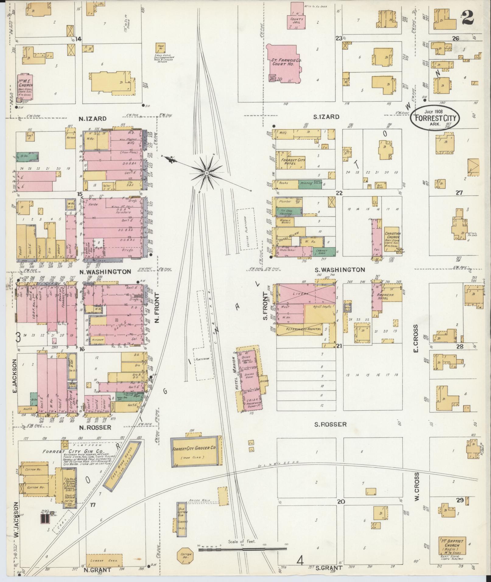 Sanborn Fire Insurance Map from Forrest City, Saint Francis County, Arkansas (1908), Sheet #0002 - Complete Map Set gallery image, historic Sanborn map, vintage wall art, Arkansas Arkansas