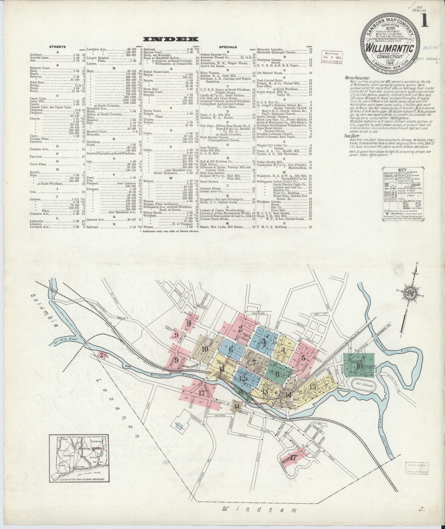 Sanborn Fire Insurance Map from Willimantic, Windham County, Connecticut (1914), Sheet #0001 - Historic Sanborn Fire Insurance Map Print, vintage old map wall art, antique decor, genealogy gift, Connecticut Connecticut map