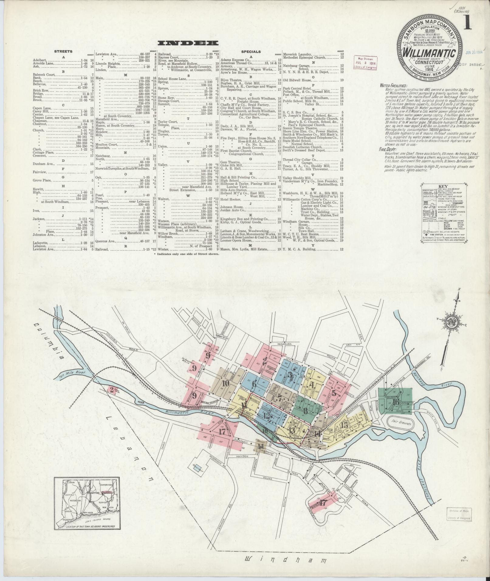 Sanborn Fire Insurance Map from Willimantic, Windham County, Connecticut (1914), Sheet #0001 - Historic Sanborn Fire Insurance Map Print, vintage old map wall art, antique decor, genealogy gift, Connecticut Connecticut map