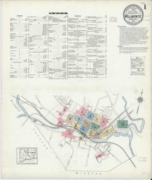 Sanborn Fire Insurance Map from Willimantic, Windham County, Connecticut (1914), Sheet #0001 - Historic Sanborn Fire Insurance Map Print, vintage old map wall art, antique decor, genealogy gift, Connecticut Connecticut map