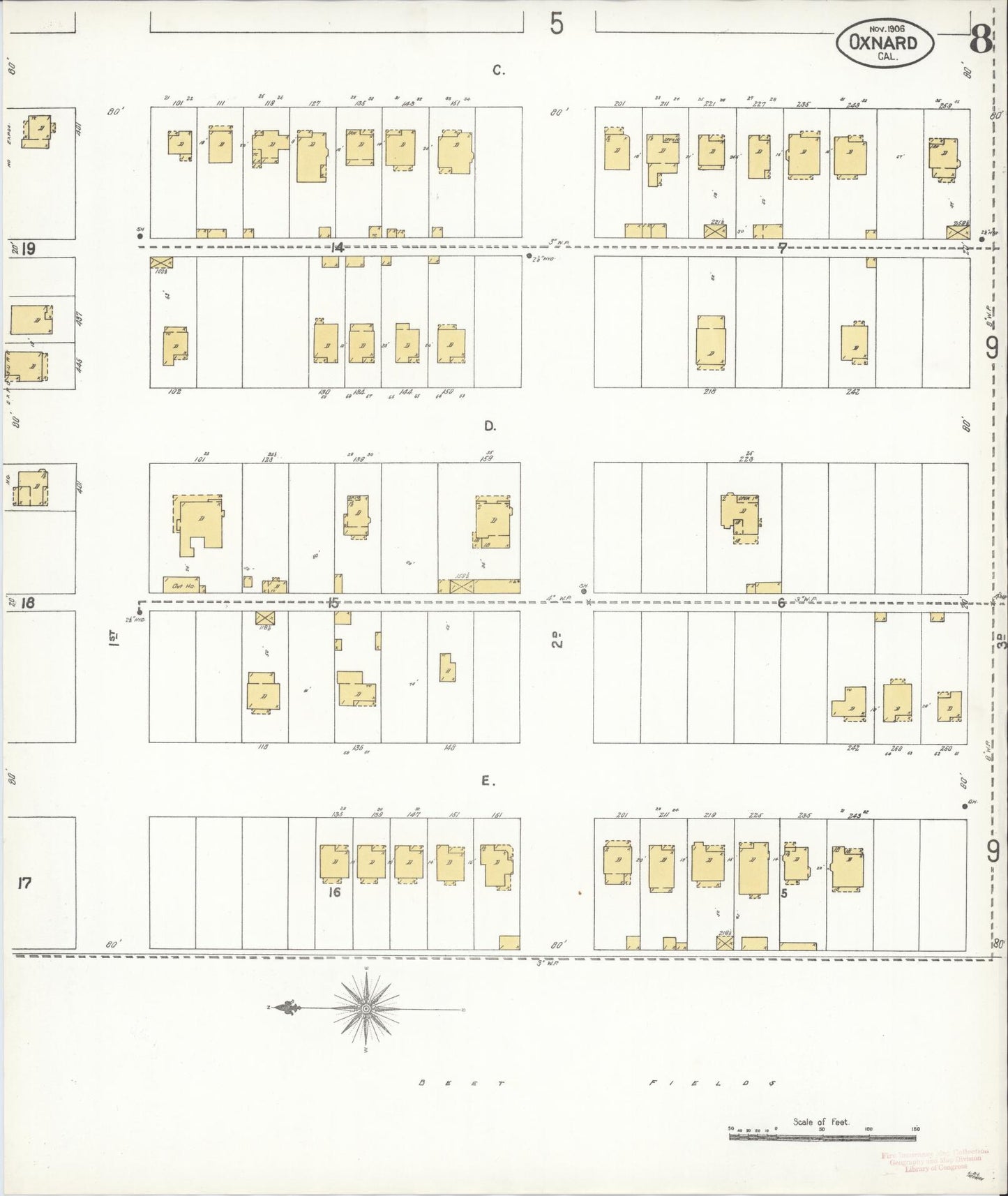 Sanborn Fire Insurance Map from Oxnard, Ventura County, California (1906), Sheet #0008 - Complete Map Set gallery image, historic Sanborn map, vintage wall art, California California