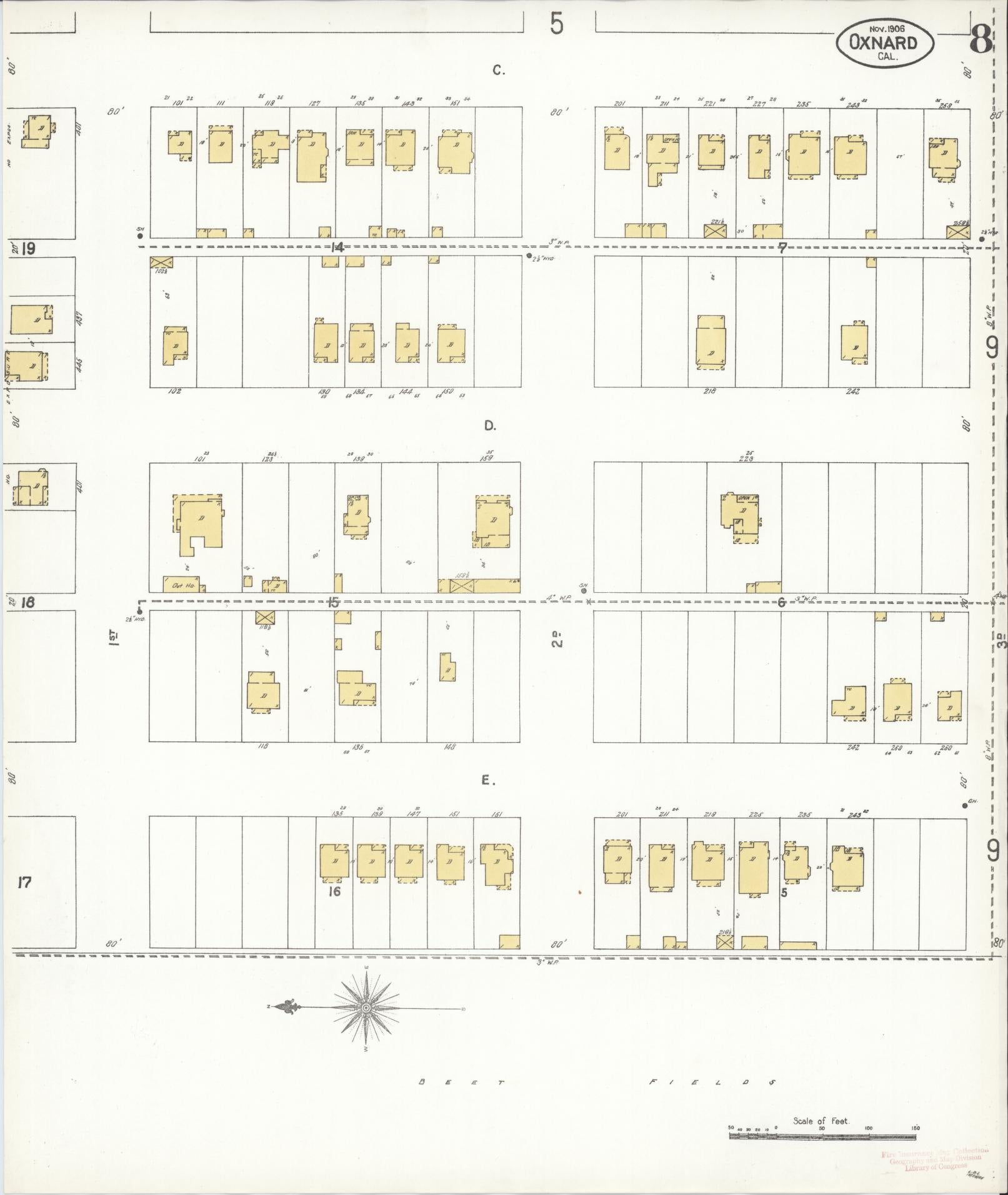 Sanborn Fire Insurance Map from Oxnard, Ventura County, California (1906), Sheet #0008 - Complete Map Set gallery image, historic Sanborn map, vintage wall art, California California