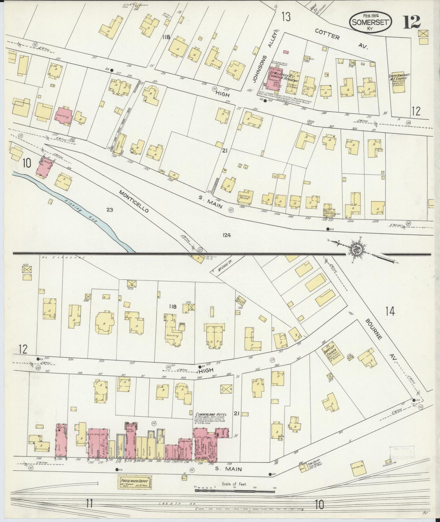 Sanborn Fire Insurance Map from Somerset, Pulaski County, Kentucky (1914), Sheet #0012 - Historic Sanborn Fire Insurance Map Print, vintage old map wall art, antique decor, genealogy gift, Kentucky Kentucky map