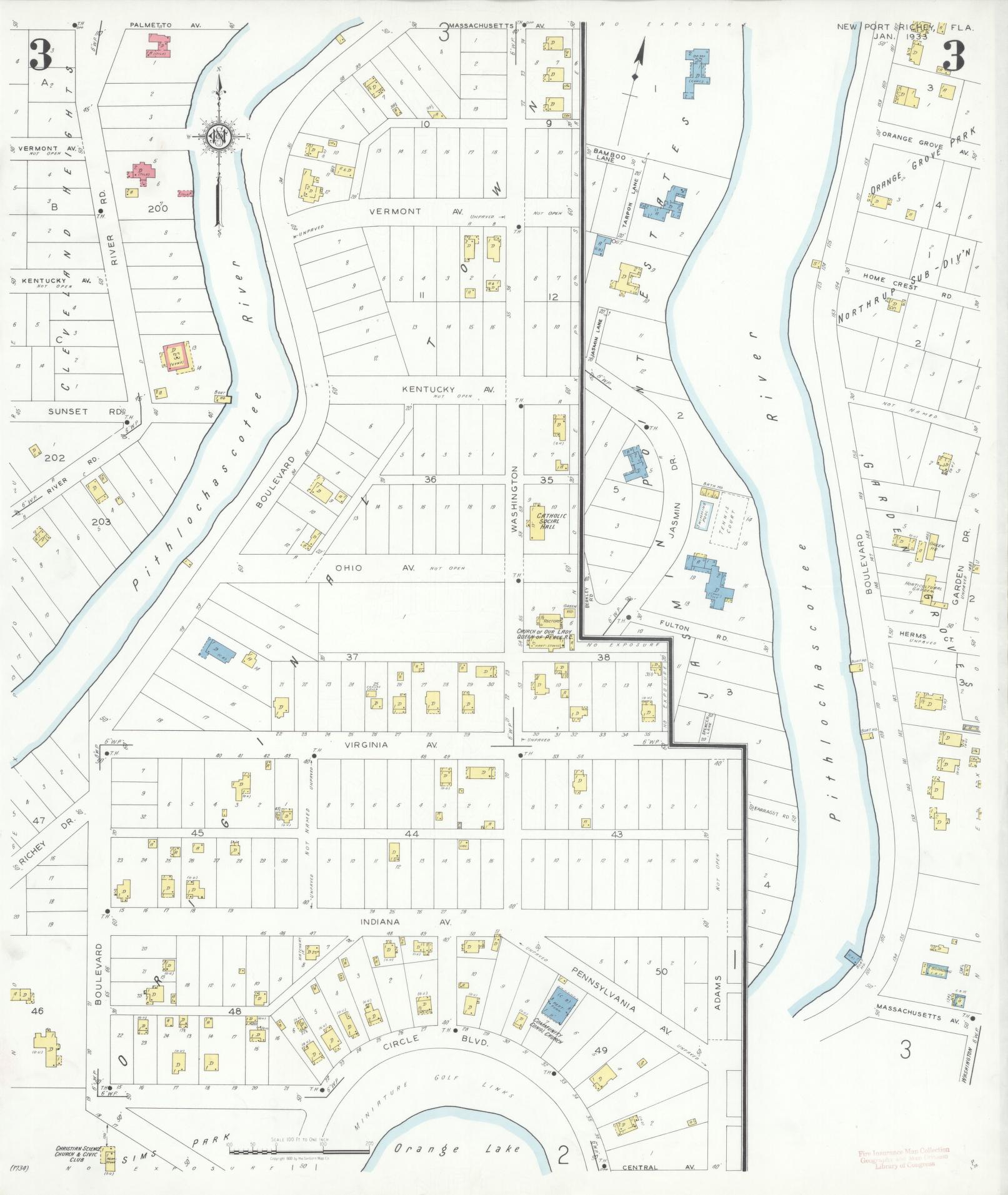 Sanborn Fire Insurance Map from New Port Richey, Pasco County, Florida (1933), Sheet #0003 - Historic Sanborn Fire Insurance Map Print, vintage old map wall art, antique decor, genealogy gift, Florida Florida map