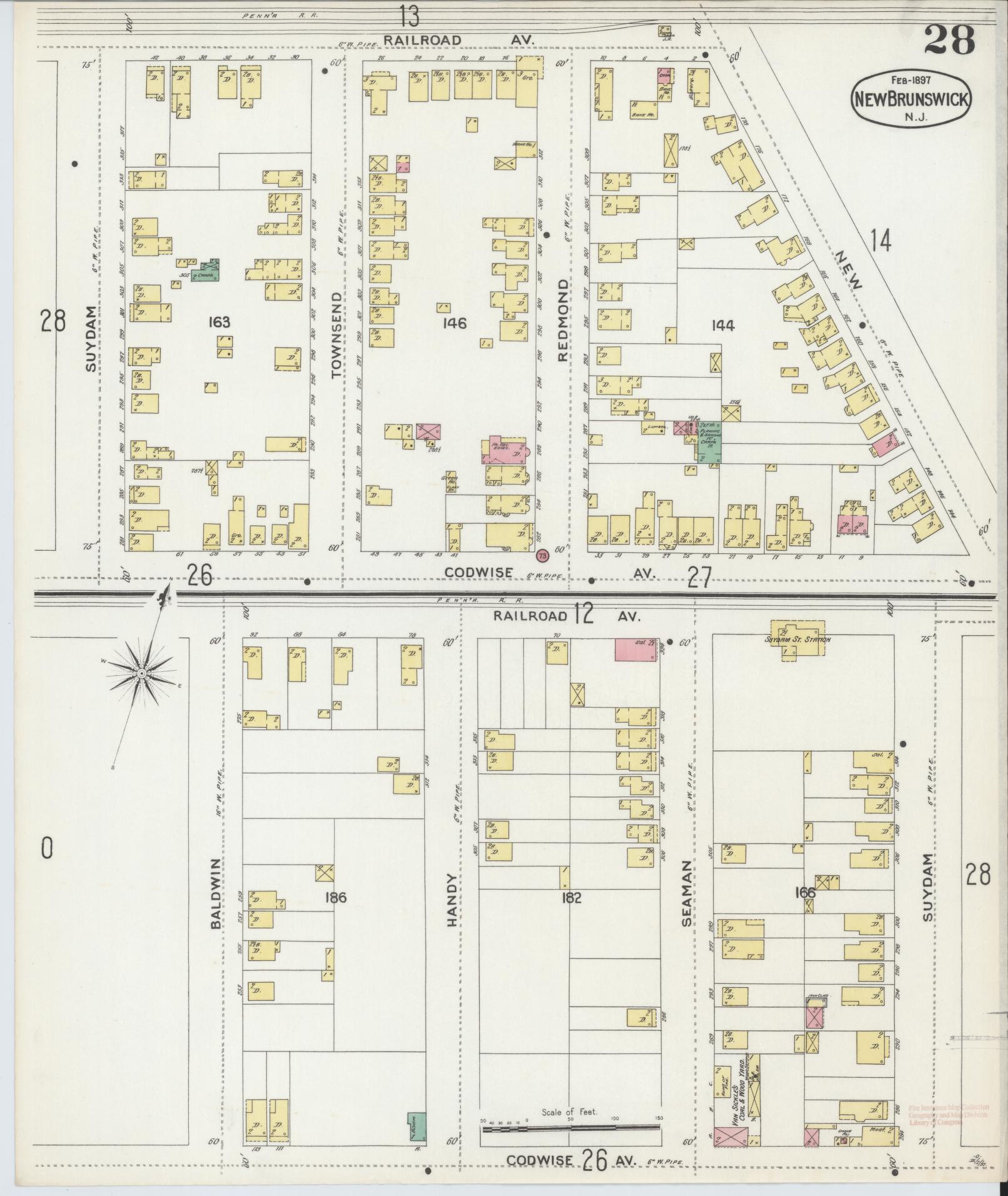 Sanborn Fire Insurance Map from New Brunswick, Middlesex County, New Jersey (1897), Sheet #0028 - Historic Sanborn Fire Insurance Map Print, vintage old map wall art, antique decor, genealogy gift, New Jersey New Jersey map