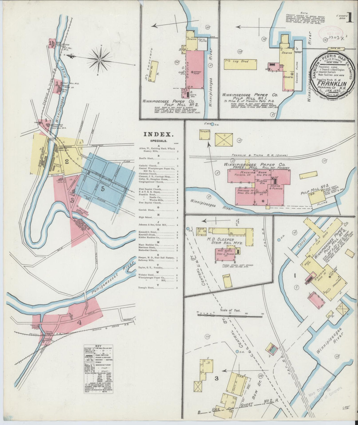 Sanborn Fire Insurance Map from Franklin, Merrimack County, New Hampshire (1892), Sheet #0001 - Complete Map Set gallery image, historic Sanborn map, vintage wall art, New Hampshire New Hampshire