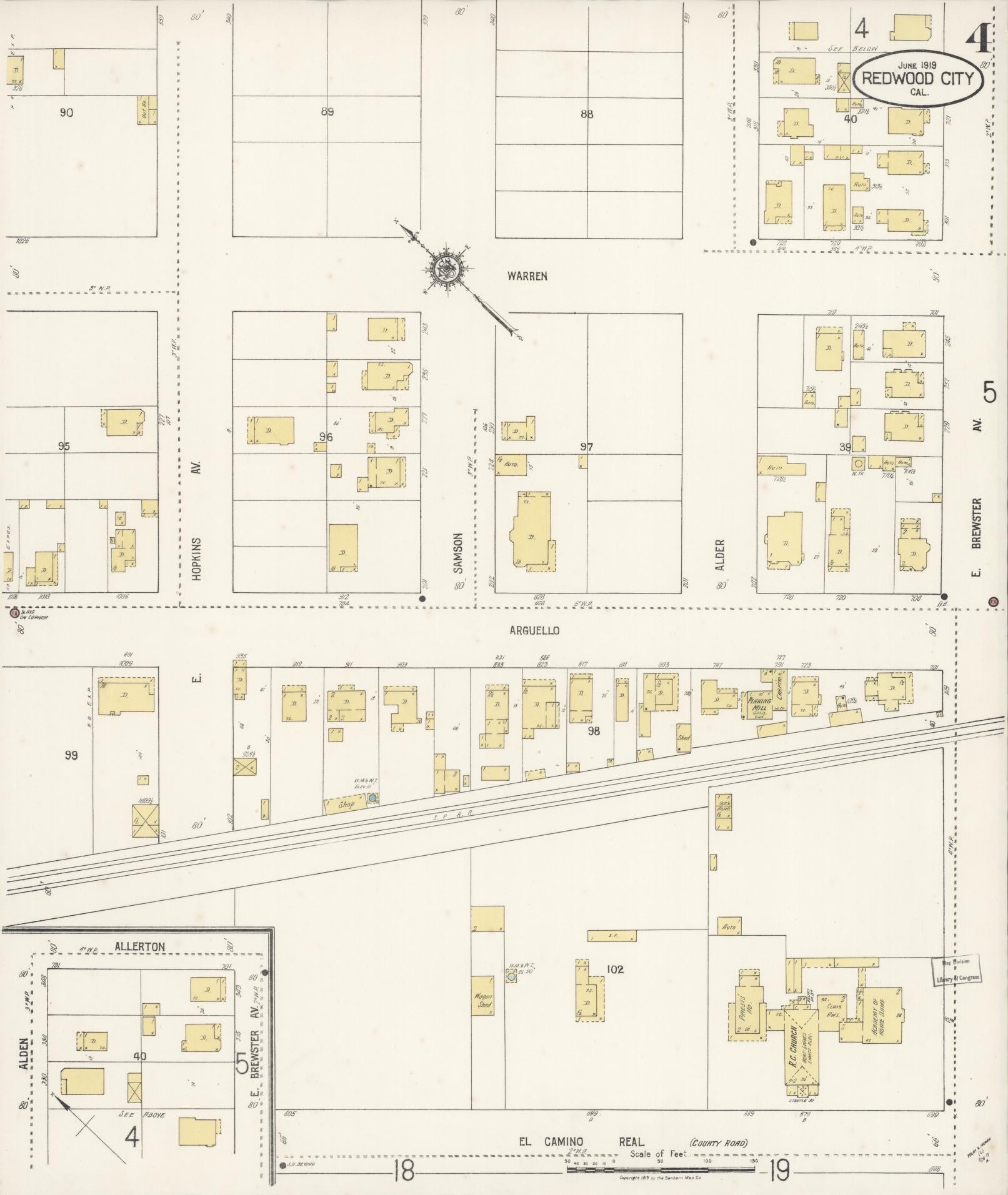 Sanborn Fire Insurance Map from Redwood City, San Mateo County, California (1919), Sheet #0004 - Complete Map Set gallery image, historic Sanborn map, vintage wall art, California California