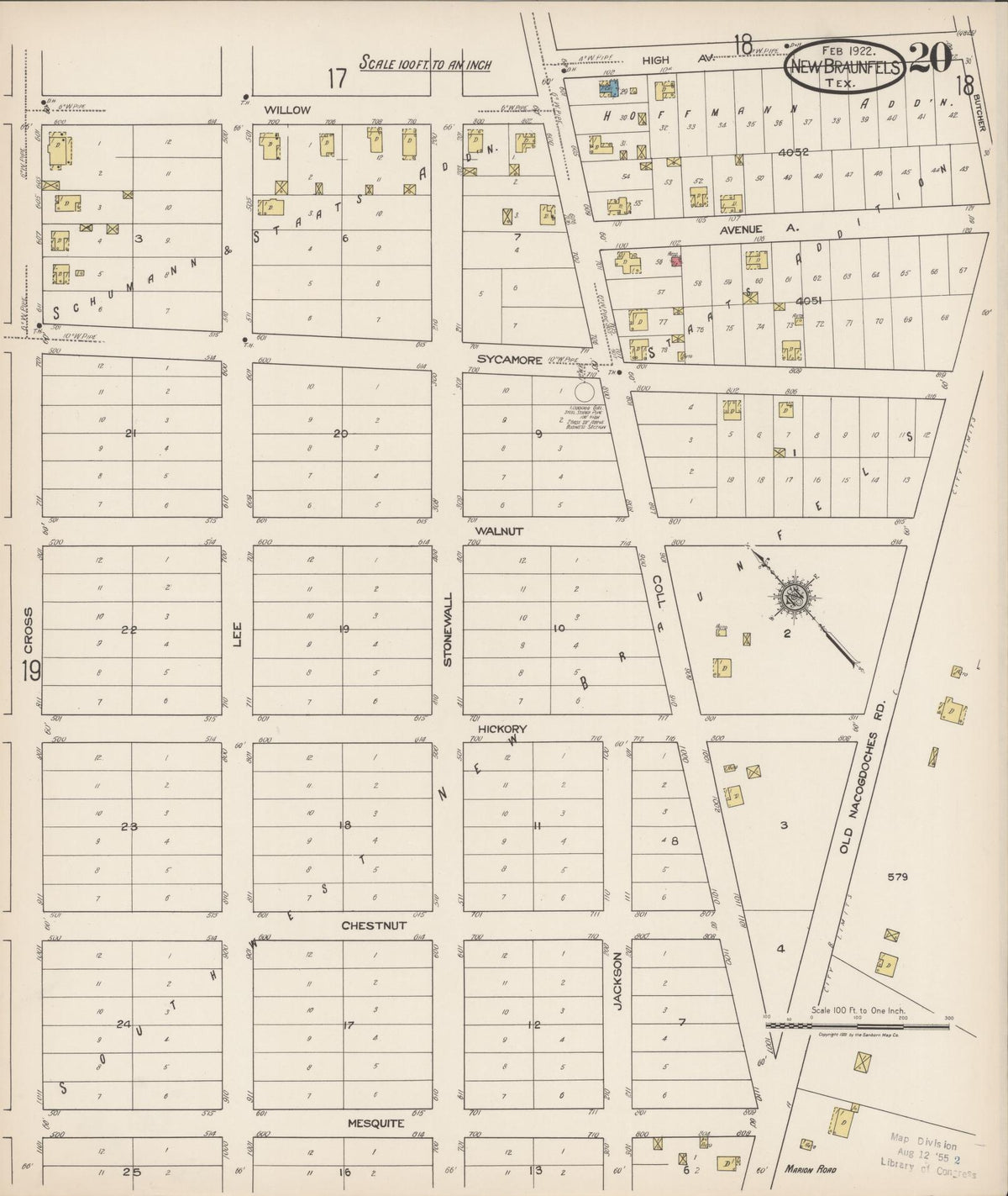 Sanborn Fire Insurance Map from New Braunfels, Comal County, Texas (1922), Sheet #0020 - Complete Map Set gallery image, historic Sanborn map, vintage wall art, Texas Texas