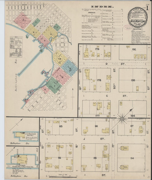 Sanborn Fire Insurance Map from New Whatcom, Whatcom County, Washington (1890), Sheet #0001 - Historic Sanborn Fire Insurance Map Print, vintage old map wall art, antique decor, genealogy gift, Washington Washington map