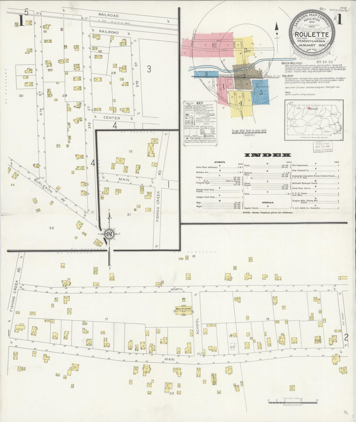 Sanborn Fire Insurance Map from Roulette, Potter County, Pennsylvania (1930), Sheet #0001 - Historic Sanborn Fire Insurance Map Print, vintage old map wall art, antique decor, genealogy gift, Pennsylvania Pennsylvania map
