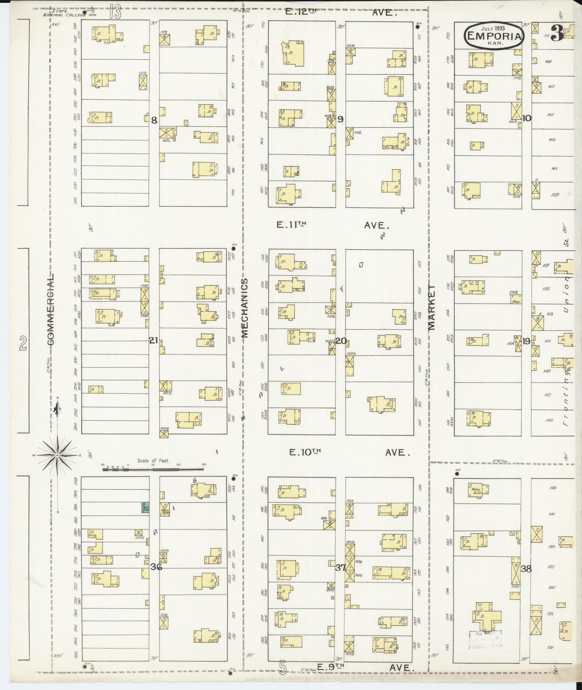 Sanborn Fire Insurance Map from Emporia, Lyon County, Kansas (1893), Sheet #0003 - Historic Sanborn Fire Insurance Map Print, vintage old map wall art, antique decor, genealogy gift, Kansas Kansas map