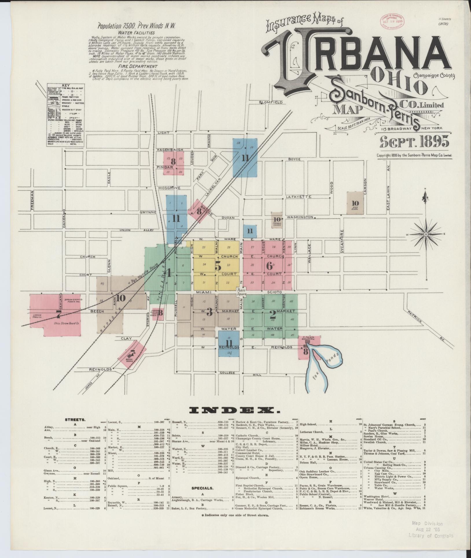 Sanborn Fire Insurance Map from Urbana, Champaign County, Ohio (1895), Sheet #0001 - Complete Map Set gallery image, historic Sanborn map, vintage wall art, Ohio Ohio