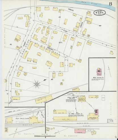 Sanborn Fire Insurance Map from Ware, Hampshire County, Massachusetts (1896), Sheet #0008 - Historic Sanborn Fire Insurance Map Print, vintage old map wall art, antique decor, genealogy gift, Massachusetts Massachusetts map