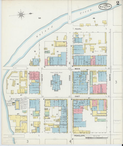 Sanborn Fire Insurance Map from Belton, Bell County, Texas (1896), Sheet #0002 - Historic Sanborn Fire Insurance Map Print, vintage old map wall art, antique decor, genealogy gift, Texas Texas map