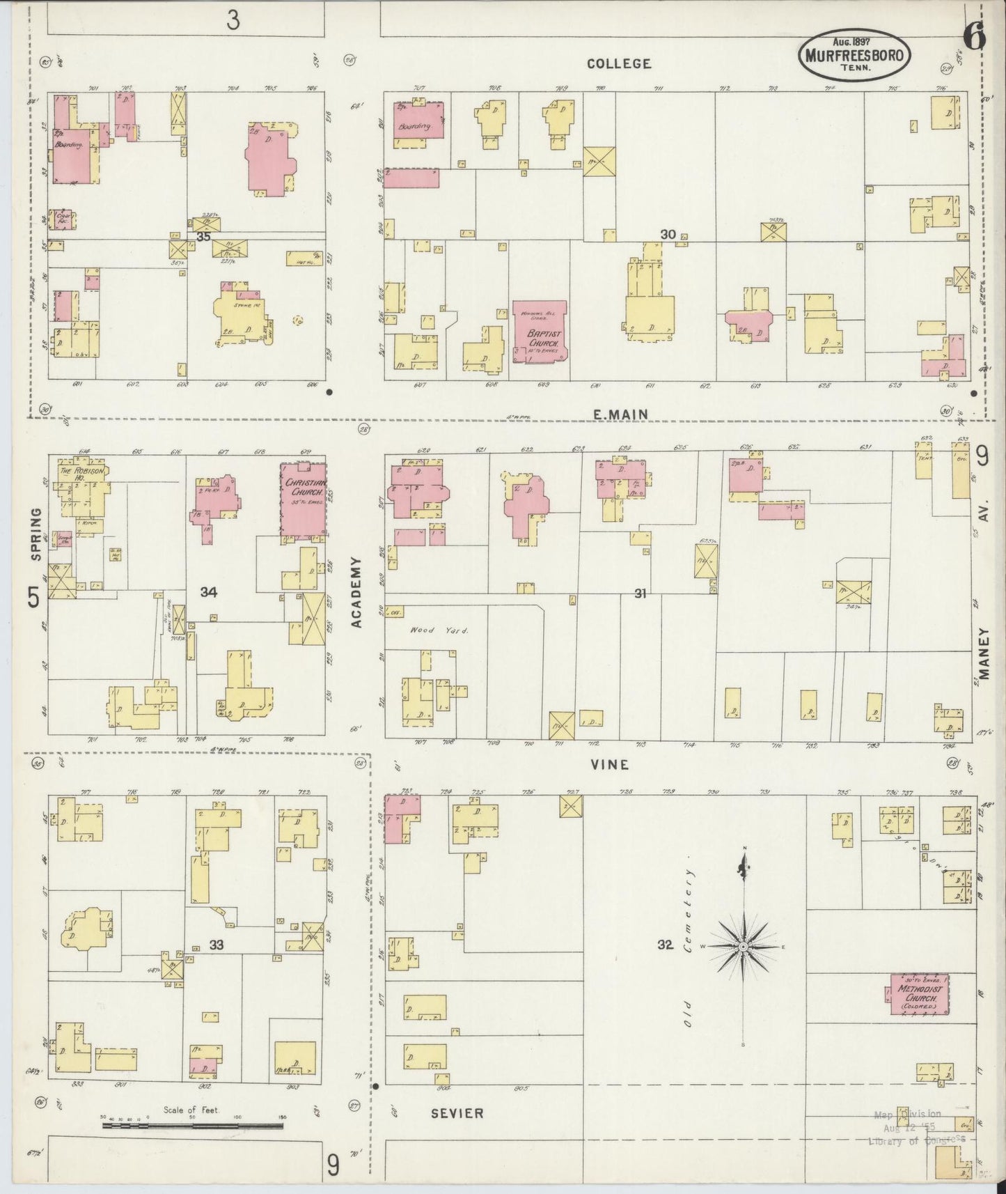 Sanborn Fire Insurance Map from Murfreesboro, Rutherford County, Tennessee (1897), Sheet #0006 - Historic Sanborn Fire Insurance Map Print, vintage old map wall art, antique decor, genealogy gift, Tennessee Tennessee map