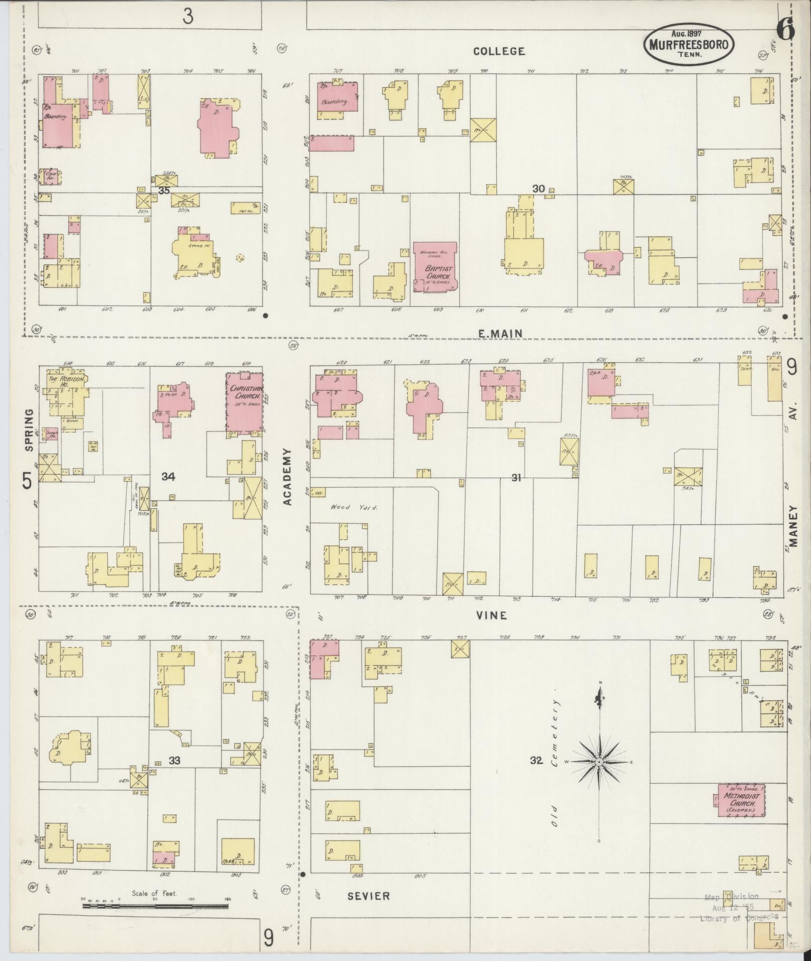 Sanborn Fire Insurance Map from Murfreesboro, Rutherford County, Tennessee (1897), Sheet #0006 - Historic Sanborn Fire Insurance Map Print, vintage old map wall art, antique decor, genealogy gift, Tennessee Tennessee map
