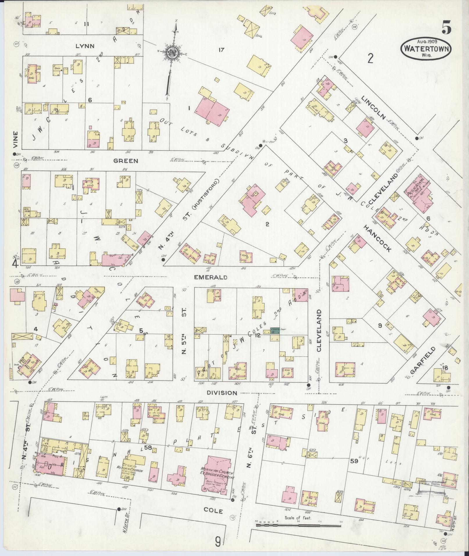 Sanborn Fire Insurance Map from Watertown, Jefferson County, Wisconsin (1909), Sheet #0005 - Complete Map Set gallery image, historic Sanborn map, vintage wall art, Wisconsin Wisconsin