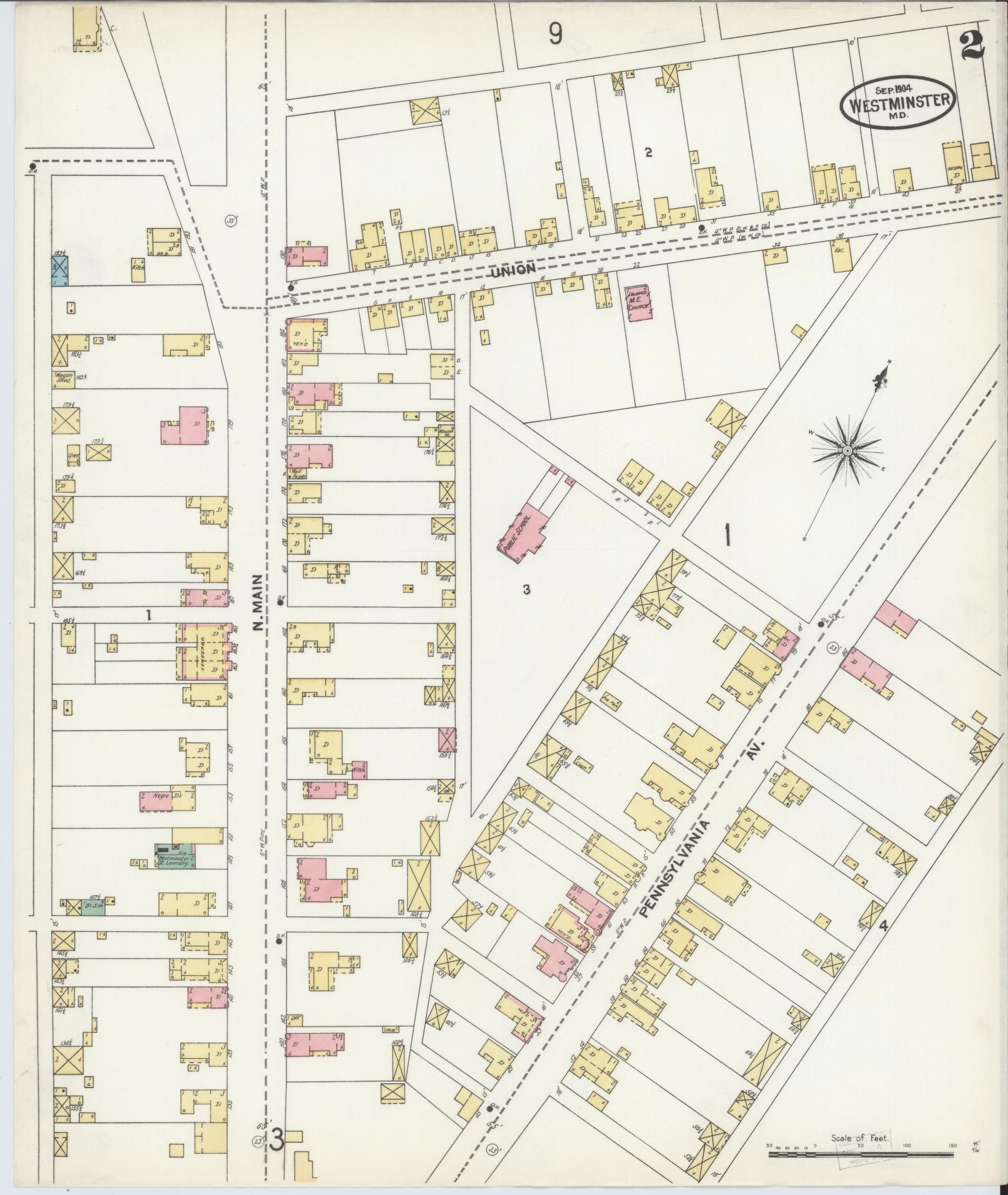 Sanborn Fire Insurance Map from Westminster, Carroll County, Maryland (1904), Sheet #0002 - Historic Sanborn Fire Insurance Map Print, vintage old map wall art