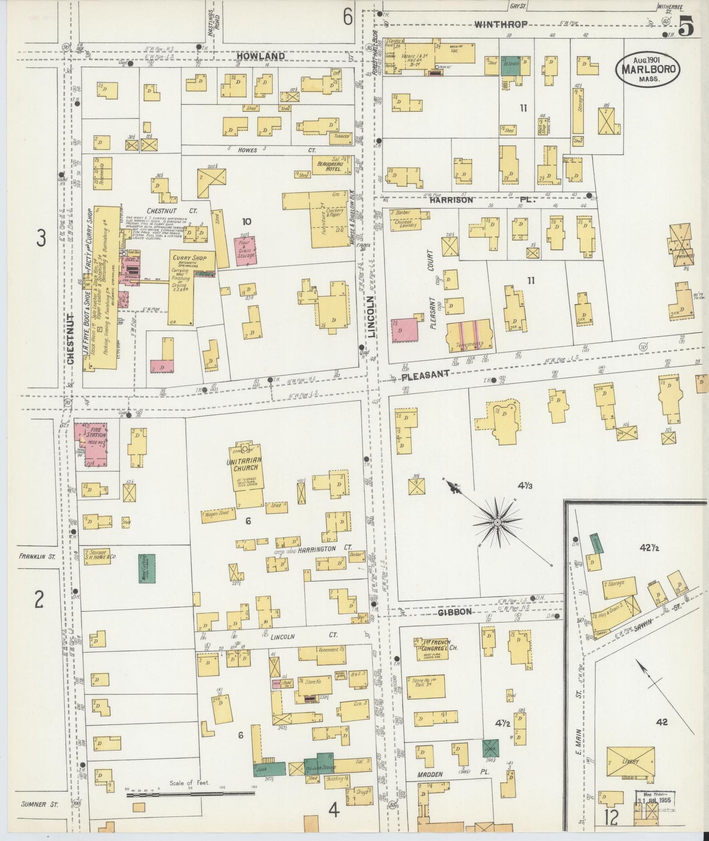 Sanborn Fire Insurance Map from Marlborough, Middlesex County, Massachusetts (1901), Sheet #0005 - Historic Sanborn Fire Insurance Map Print, vintage old map wall art, antique decor, genealogy gift, Massachusetts Massachusetts map