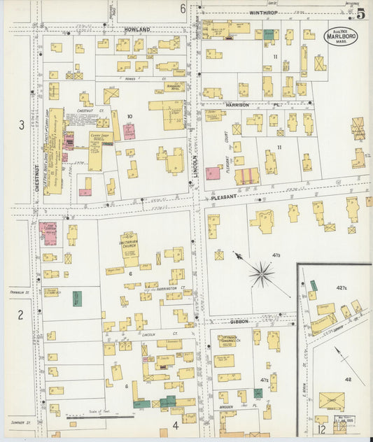 Sanborn Fire Insurance Map from Marlborough, Middlesex County, Massachusetts (1901), Sheet #0005 - Historic Sanborn Fire Insurance Map Print, vintage old map wall art, antique decor, genealogy gift, Massachusetts Massachusetts map