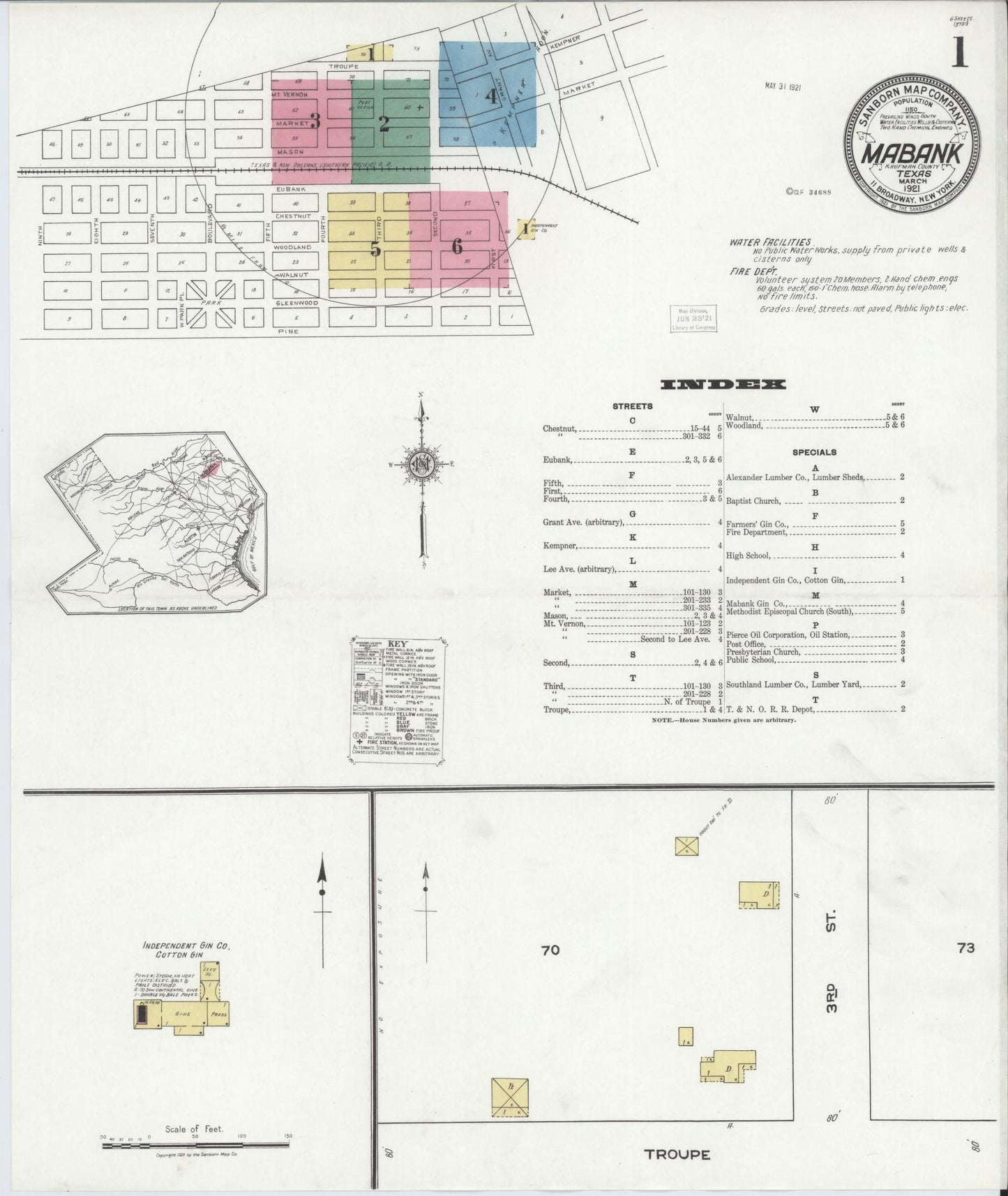 Sanborn Fire Insurance Map from Mabank, Kaufman County, Texas (1921), Sheet #0001 - Complete Map Set gallery image, historic Sanborn map, vintage wall art, Texas Texas