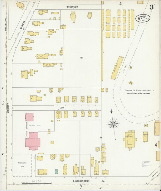 Sanborn Fire Insurance Map from Bath, Steuben County, New York (1904), Sheet #0003 - Historic Sanborn Fire Insurance Map Print, vintage old map wall art, antique decor, genealogy gift, New York New York map