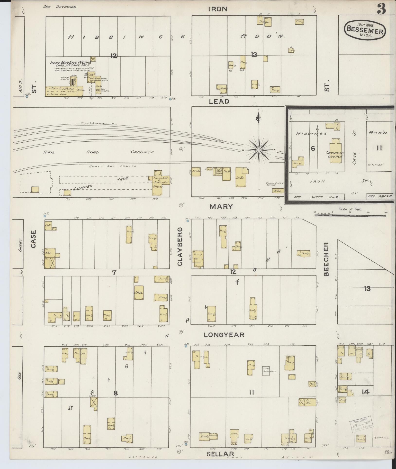 Sanborn Fire Insurance Map from Bessemer, Gogebic County, Michigan (1888), Sheet #0003 - Complete Map Set gallery image, historic Sanborn map, vintage wall art, Michigan Michigan