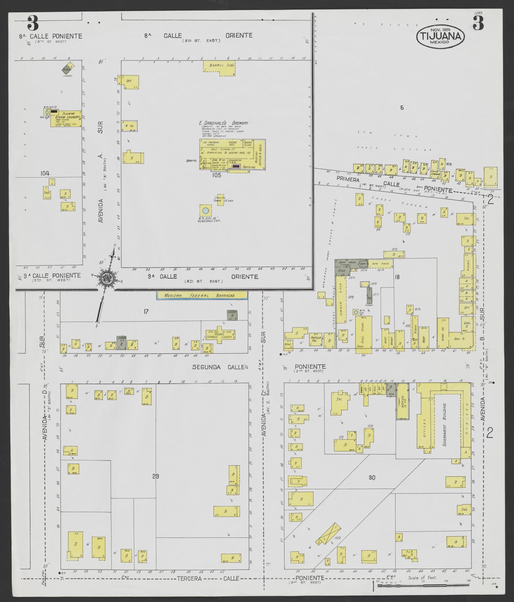 Sanborn Fire Insurance Map from Tijuana, Baja California (Mexico) (1924), Sheet #0003 - Complete Map Set gallery image, historic Sanborn map, vintage wall art, California California