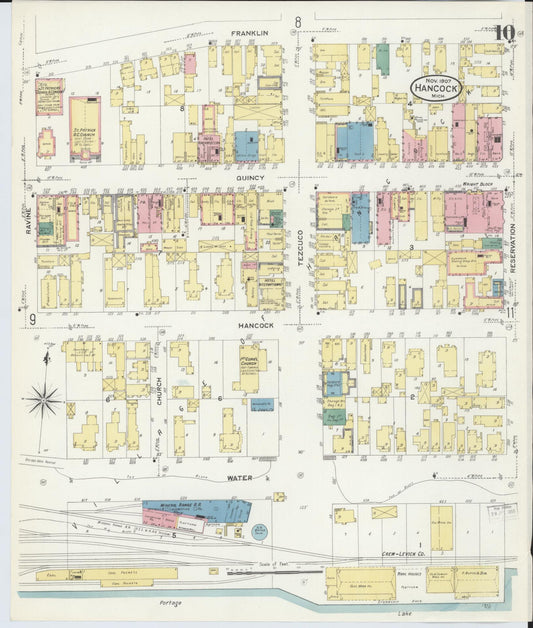 Sanborn Fire Insurance Map from Hancock, Houghton County, Michigan (1907), Sheet #0010 - Historic Sanborn Fire Insurance Map Print, vintage old map wall art, antique decor, genealogy gift, Michigan Michigan map