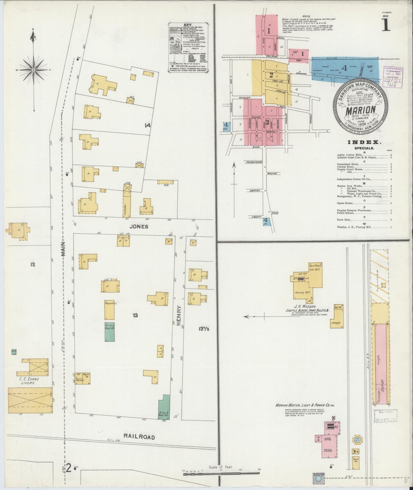 Sanborn Fire Insurance Map from Marion, Marion County, South Carolina (1904), Sheet #0001 - Historic Sanborn Fire Insurance Map Print, vintage old map wall art, antique decor, genealogy gift, South Carolina South Carolina map