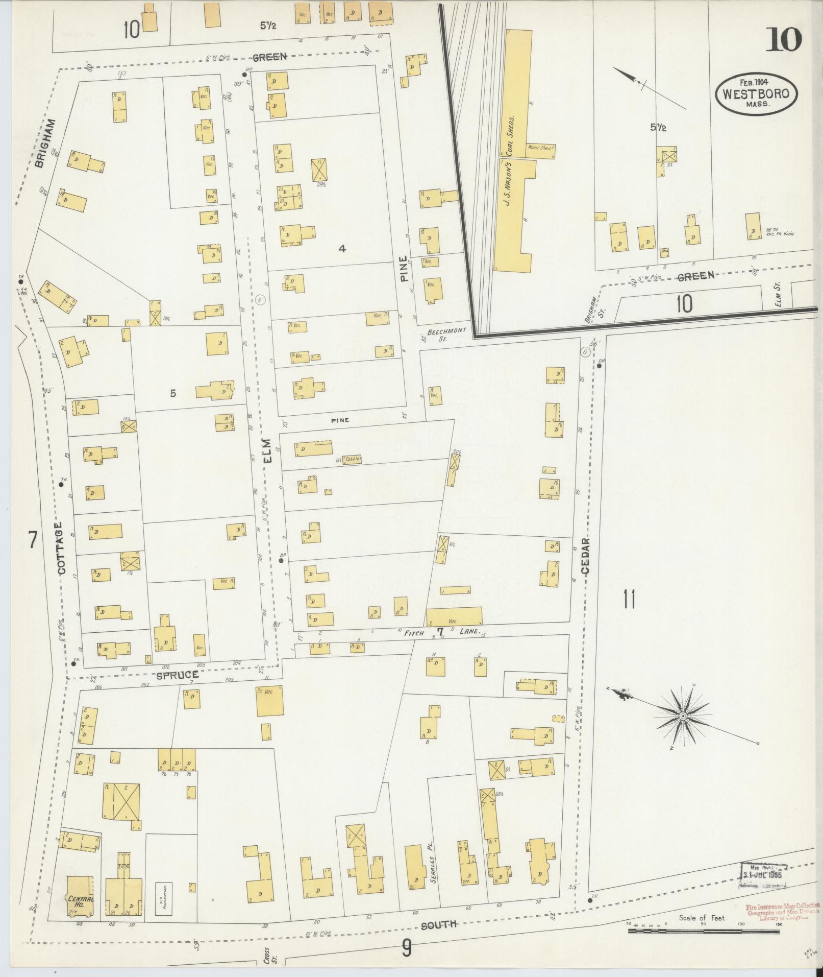 Sanborn Fire Insurance Map from Westboro, Worcester County, Massachusetts (1904), Sheet #0010 - Historic Sanborn Fire Insurance Map Print, vintage old map wall art, antique decor, genealogy gift, Massachusetts Massachusetts map