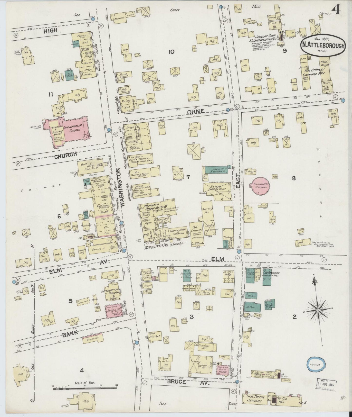 Sanborn Fire Insurance Map from North Attleborough, Bristol County, Massachusetts (1889), Sheet #0004 - Complete Map Set gallery image, historic Sanborn map, vintage wall art, Massachusetts Massachusetts