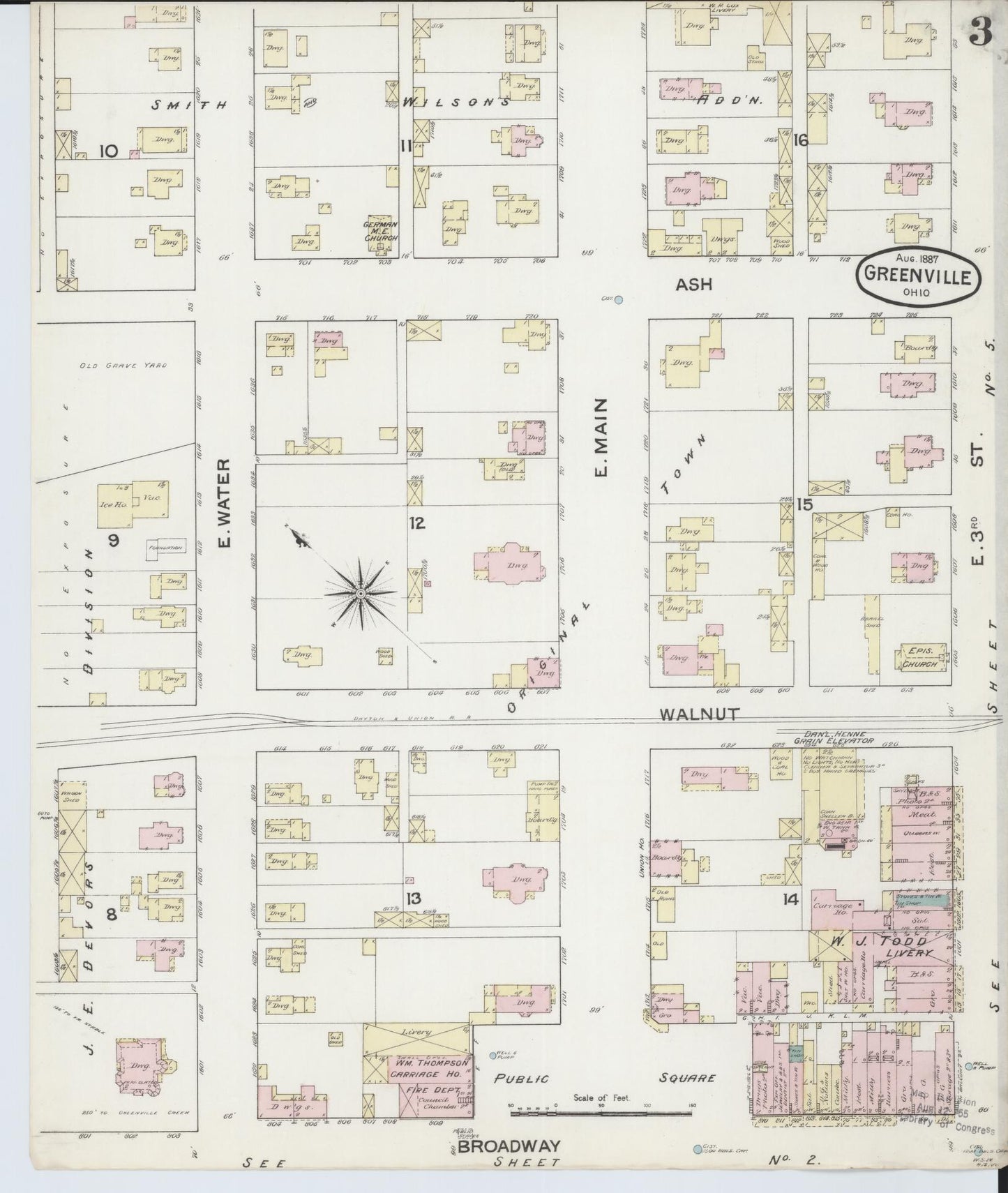 Sanborn Fire Insurance Map from Greenville, Darke County, Ohio (1887), Sheet #0003 - Historic Sanborn Fire Insurance Map Print, vintage old map wall art, antique decor, genealogy gift, Ohio Ohio map
