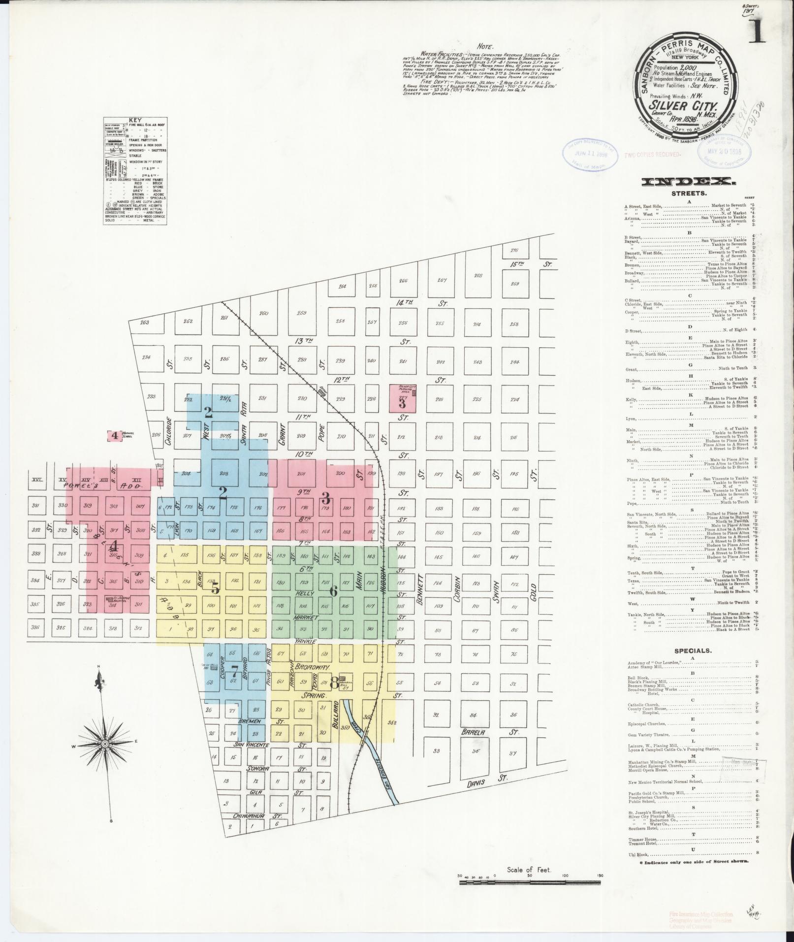 Sanborn Fire Insurance Map from Silver City, Grant County, New Mexico (1898), Sheet #0001 - Historic Sanborn Fire Insurance Map Print, vintage old map wall art, antique decor, genealogy gift, New Mexico New Mexico map