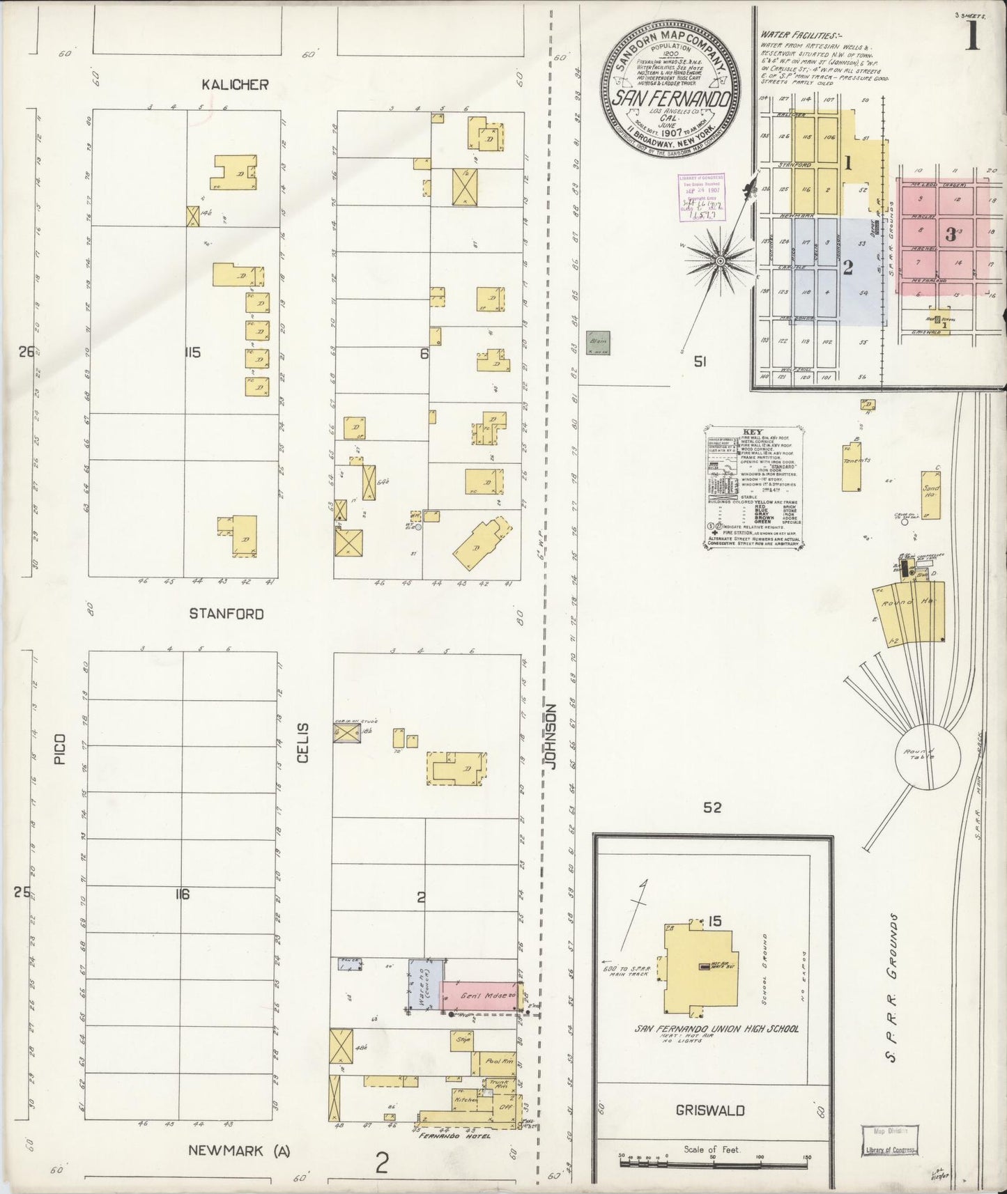 Sanborn Fire Insurance Map from San Fernando, Los Angeles County, California (1907), Sheet #0001 - Complete Map Set gallery image, historic Sanborn map, vintage wall art, California California
