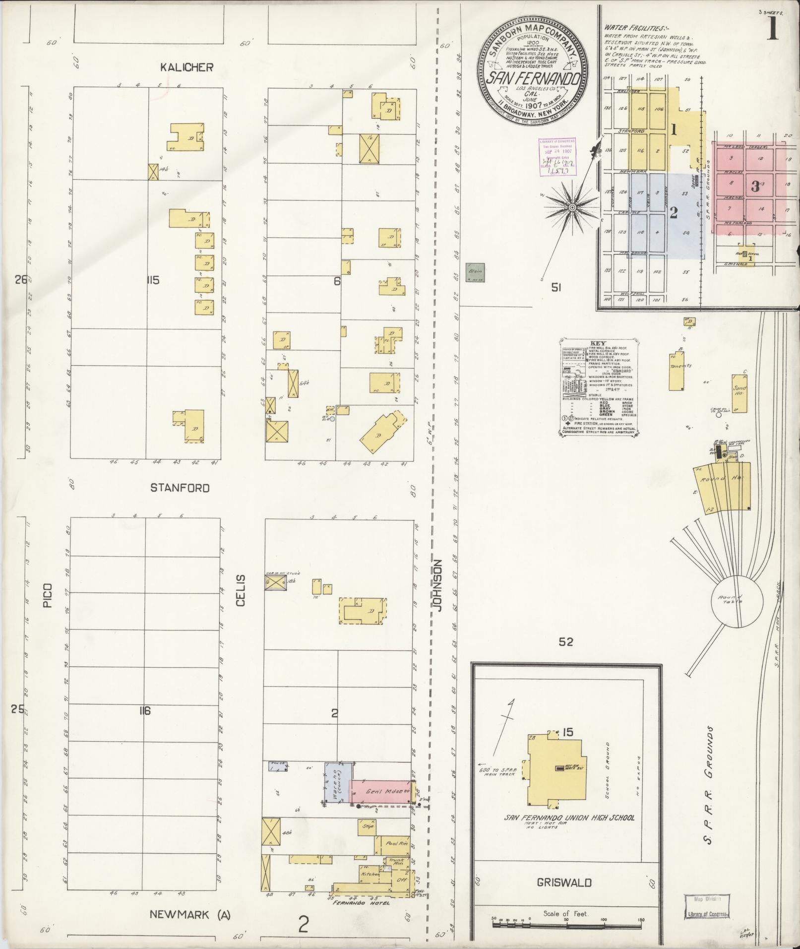 Sanborn Fire Insurance Map from San Fernando, Los Angeles County, California (1907), Sheet #0001 - Complete Map Set gallery image, historic Sanborn map, vintage wall art, California California