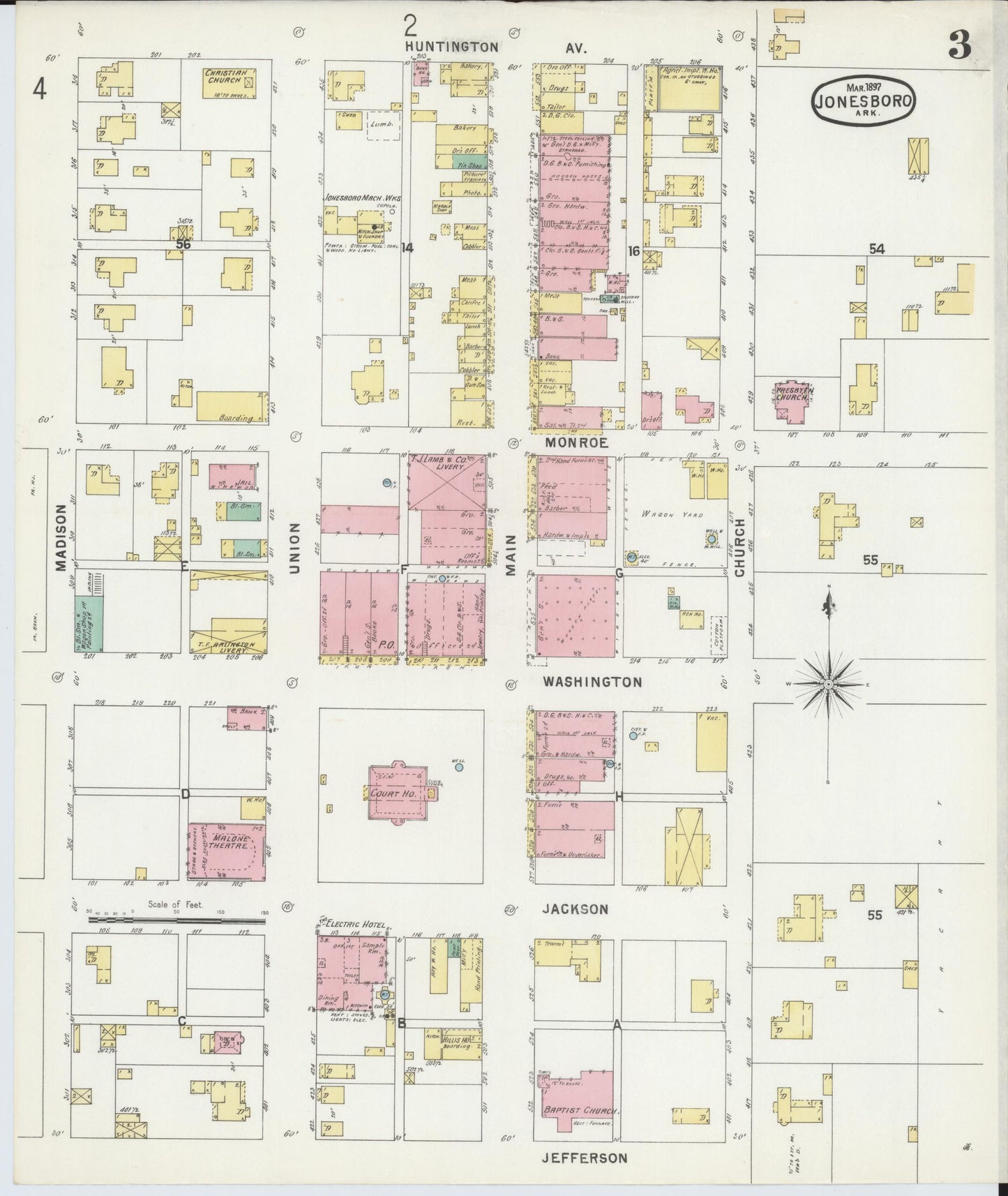 Sanborn Fire Insurance Map from Jonesboro, Craighead County, Arkansas (1897), Sheet #0003 - Complete Map Set gallery image, historic Sanborn map, vintage wall art, Arkansas Arkansas