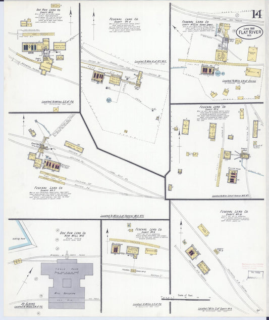 Sanborn Fire Insurance Map from Flat River, Saint Francois County, Missouri (1908), Sheet #0014 - Historic Sanborn Fire Insurance Map Print, vintage old map wall art, antique decor, genealogy gift, Missouri Missouri map