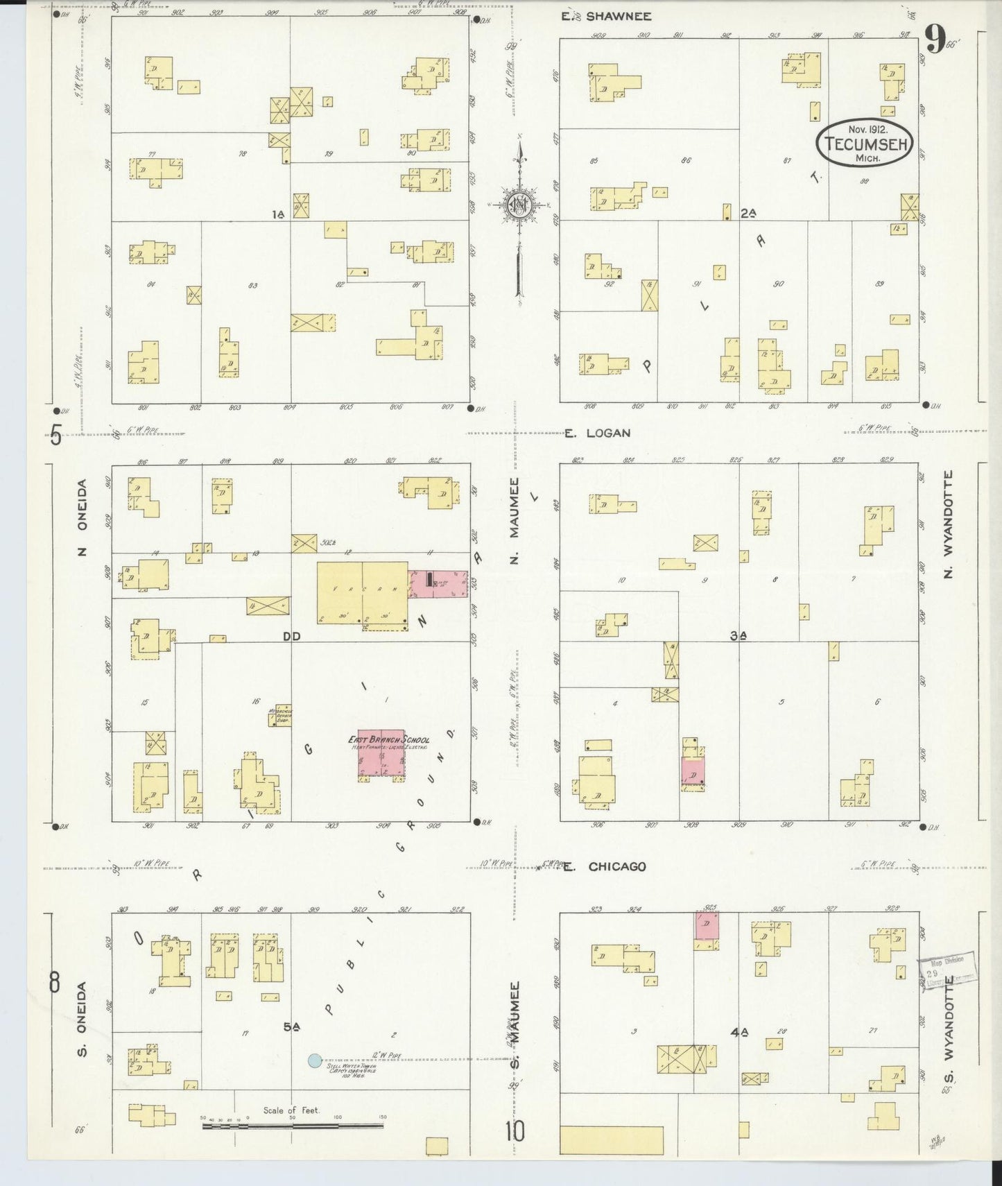 Sanborn Fire Insurance Map from Tecumseh, Lenawee County, Michigan (1912), Sheet #0009 - Complete Map Set gallery image, historic Sanborn map, vintage wall art, Michigan Michigan