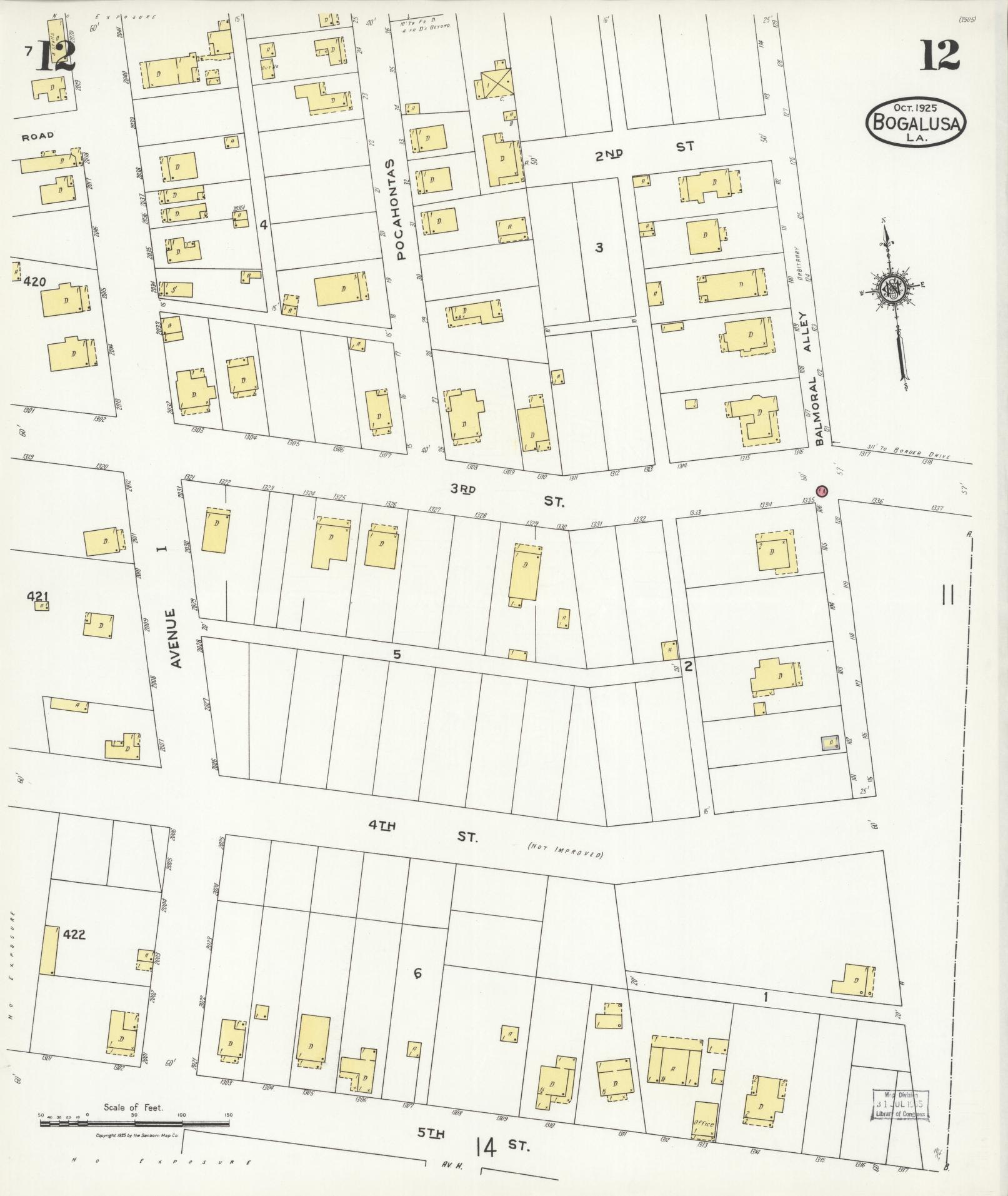 Sanborn Fire Insurance Map from Bogalusa, Washington Parish, Louisiana (1925), Sheet #0012 - Historic Sanborn Fire Insurance Map Print, vintage old map wall art, antique decor, genealogy gift, Louisiana Louisiana map