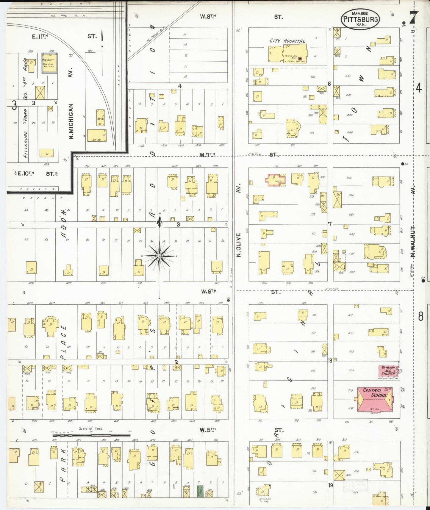 Sanborn Fire Insurance Map from Pittsburg, Crawford County, Kansas (1902), Sheet #0007 - Complete Map Set gallery image, historic Sanborn map, vintage wall art, Kansas Kansas